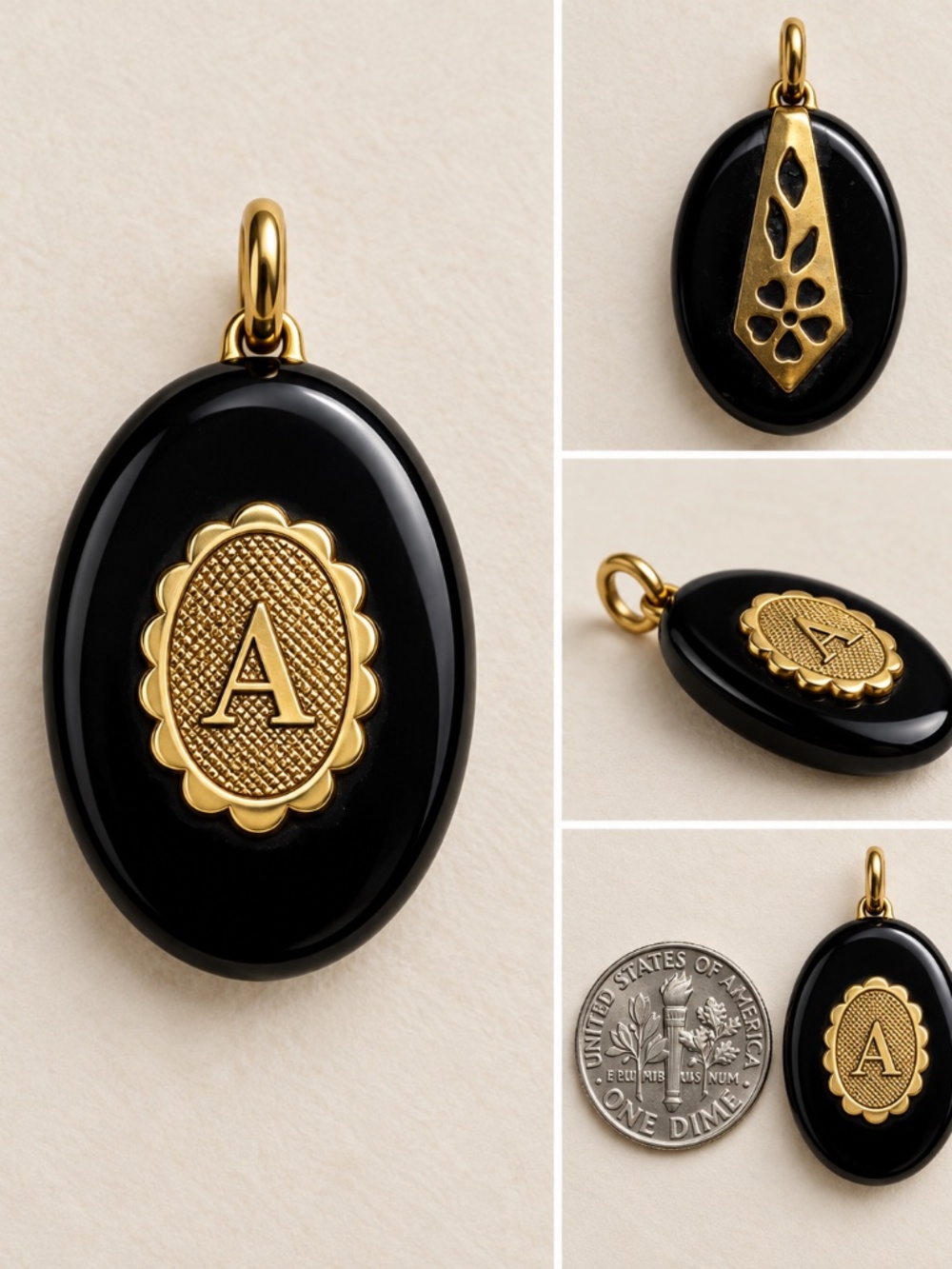 Anthropologie Black & Gold Initial “A” Pendant Charm | Oval